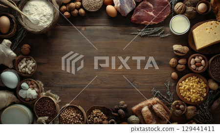 Variety of ingredients displayed around a wooden table for cooking preparation in a rustic kitchen setting 129441411