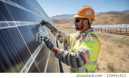 Worker installs solar panels on a sunny day at a renewable energy site in a mountainous region 129441412