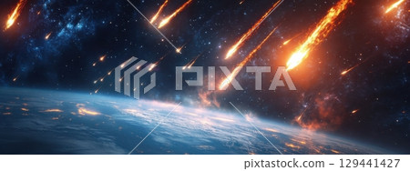 Meteor shower illuminates the night sky over Earth, showcasing nature's intense cosmic display 129441427