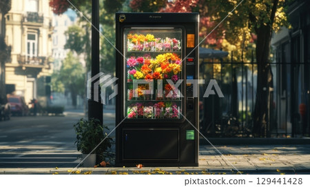 Unique flower vending machine displays vibrant blooms on a city sidewalk during sunny autumn day 129441428