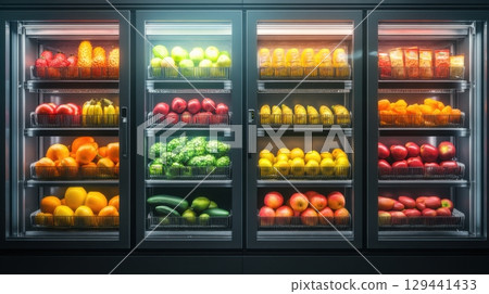 Colorful display of fresh fruits and vegetables in a modern supermarket setting during daylight hours 129441433