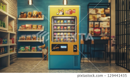 Colorful vending machine filled with snacks in a cozy store setting during afternoon hours 129441435