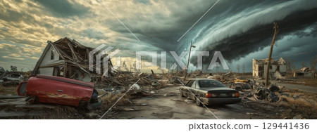 Destruction and chaos after a powerful storm in a devastated rural area Destruction and chaos after a powerful storm in a devastated rural area 129441436
