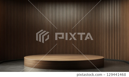 Minimalist wooden stage with striped wall background ideal for presentations and performances in a contemporary setting 129441468