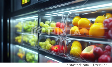 Fresh fruits displayed in a vending machine at a busy office during lunch hours 129441469