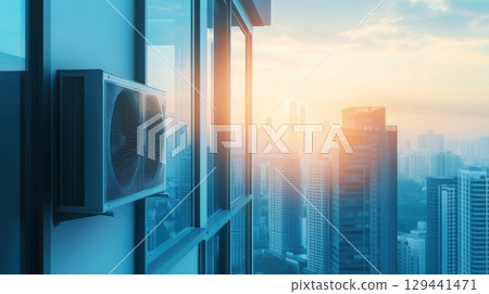 Air conditioning unit on modern building overlooking city skyline during sunset 129441471