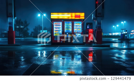 Vending machine illuminated at night in a deserted gas station parking lot after a rain shower 129441479