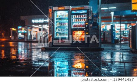 Bright vending machine illuminated at a gas station during a rainy night 129441487