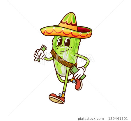 Cartoon groovy bandit lettuce or Chinese cabbage cowboy and bandit vegetable character wearing Mexican sombrero and ammo belt, holding money bundles. Vector Funky veg outlaw personage with retro vibe Cartoon groovy bandit lettuce or Chinese cabbage cowboy and bandit vegetable character wearing Mexican sombrero and ammo belt, holding money bundles. Vector Funky veg outlaw personage with retro vibe 129441501