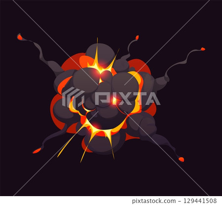 Comic bomb explosion blast effect. Cartoon fire and smoke boom cloud. Vector fiery dynamite explode burst, comic explosion effect with glowing orange and yellow flames, surrounded by dark thick smoke Comic bomb explosion blast effect. Cartoon fire and smoke boom cloud. Vector fiery dynamite explode burst, comic explosion effect with glowing orange and yellow flames, surrounded by dark thick smoke 129441508