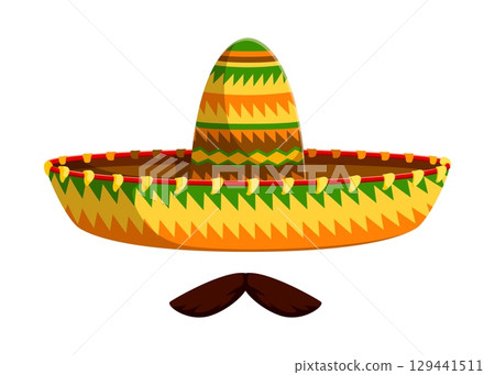 Mexican mariachi sombrero hat with mustaches for holiday fiesta, cartoon vector. Mexican charro or mariachi sombrero with mustaches and Latin ornament for Mexico culture and tradition symbol Mexican mariachi sombrero hat with mustaches for holiday fiesta, cartoon vector. Mexican charro or mariachi sombrero with mustaches and Latin ornament for Mexico culture and tradition symbol 129441511