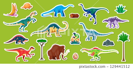 Dinosaur characters stickers pack. Vector adhesive patches with cartoon prehistoric herbivore, carnivore and flying ancient reptile animals. Decorative badges for scrapbook or kids fun diy activities 129441512