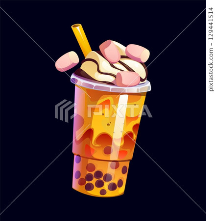 Milk bubble tea glass with marshmallows, caramel or cocoa cream, cartoon vector dessert drink. Milk bubble tea cut with drinking straw or milkshake with boba pearls and vanilla flavor for dessert 129441514