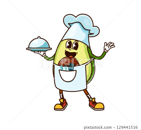Cartoon cheerful groovy avocado chef in toque hat with dish, vector vegetable character. Retro cartoon groovy avocado character in apron with forks and spoons as restaurant chef or cooking emoji 129441516