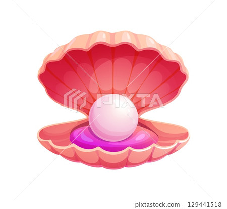 Cartoon pearl shell or scallop seashell with treasure jewelry, vector underwater mollusk. Open scallop shell or mother pearl seashell with pink pearl ball for undersea fairy tale or marine treasure Cartoon pearl shell or scallop seashell with treasure jewelry, vector underwater mollusk. Open scallop shell or mother pearl seashell with pink pearl ball for undersea fairy tale or marine treasure 129441518