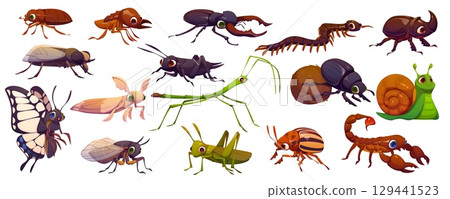 Cartoon funny insect and bug characters. Happy googly butterfly, snail, scorpion, grasshopper and cockroach insect vector personages. Cute cricket, stag, rhinoceros, dung and colorado potato beetles Cartoon funny insect and bug characters. Happy googly butterfly, snail, scorpion, grasshopper and cockroach insect vector personages. Cute cricket, stag, rhinoceros, dung and colorado potato beetles 129441523