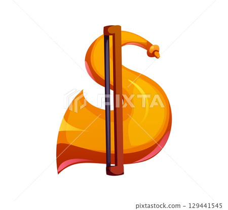 Cartoon musical font dollar sign as a brass trumpet with a violin bow. Music instrument typeface glyph, entertainment funny type, alphabet. Isolated vector musician abc character, typography symbol 129441545