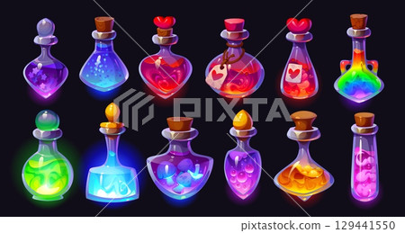 Wizard magic potion bottles, elixir and poison, vector game UI assets. Cartoon Halloween glass bottles, flasks, vials and jars of wizard potion and witch love elixir with magic mushrooms and hearts 129441550