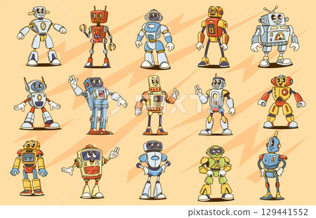 Cartoon groovy robot characters of retro hippie bot toys with happy smiles. Vector AI robot personages of vintage groovy humanoid cyborg, funky alien space transformer and humanoid droid personages Cartoon groovy robot characters of retro hippie bot toys with happy smiles. Vector AI robot personages of vintage groovy humanoid cyborg, funky alien space transformer and humanoid droid personages 129441552