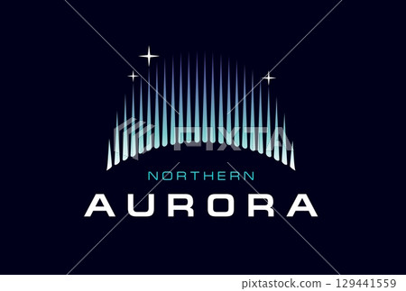 Northern sky aurora borealis wave light icon with gradient light beams in arc shape with stars on dark night sky background. Vector futuristic glowing emblem in blue and cyan colors 129441559