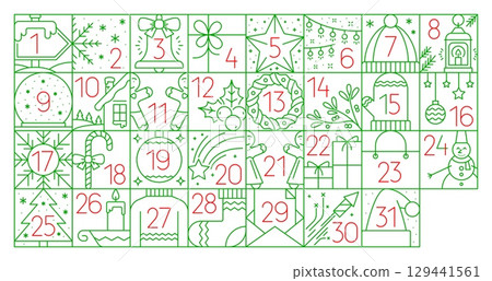 Christmas and New Year advent calendar for winter holiday gifts countdown, vector template. Christmas advent calendar background with New Year gifts, Santa hat and snowflakes with snowman or cookies 129441561