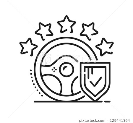 Driving school icon for vehicle drive training education, vector pictogram. Driving school line icon of car steering wheel with success stars for drive test and shield for safety driving practice 129441564