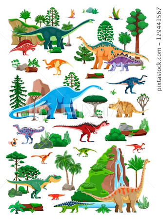Prehistoric era landscape, dinosaurs characters and plants. Dimorphodon, quetzalcoatlus, amygdalodon and ouranosaurus, apatosaurus, probactrosaurus dinosaurs. Jurassic era pine, palm and fern trees 129441567