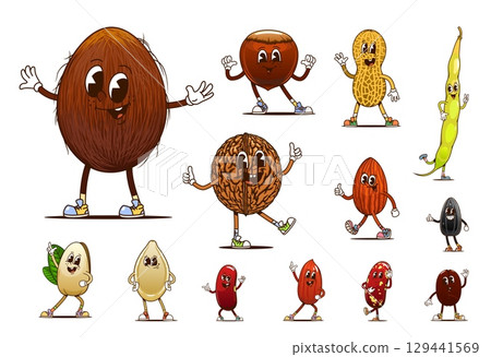 Cartoon funny groovy nuts, seeds and legume characters with comic face, vector emoji. Groovy coconut and walnut with funky smile, hazelnut and pistachio with kidney bean and almond with cute peanut Cartoon funny groovy nuts, seeds and legume characters with comic face, vector emoji. Groovy coconut and walnut with funky smile, hazelnut and pistachio with kidney bean and almond with cute peanut 129441569