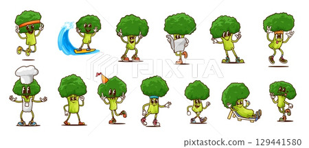 Groovy broccoli cabbage characters engaged in playful activities like surfing and dancing, reading newspaper, lounging on daybed and celebrating party. Cartoon vector vegetables promote healthy living Groovy broccoli cabbage characters engaged in playful activities like surfing and dancing, reading newspaper, lounging on daybed and celebrating party. Cartoon vector vegetables promote healthy living 129441580