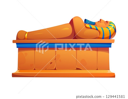 Egyptian sarcophagus Ancient Egypt game icon, featuring a golden pharaoh resting on hieroglyphic decorated tomb. Treasure asset, historical artifact represents culture, mythology and burial tradition 129441581