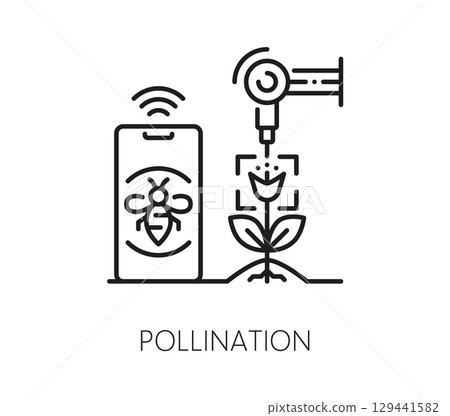 Robot pollination and smart farming innovation icon. Linear vector sign of agricultural robotic arm pollinating a flower and mobile device displaying a bee symbol. Intelligent crop management solution Robot pollination and smart farming innovation icon. Linear vector sign of agricultural robotic arm pollinating a flower and mobile device displaying a bee symbol. Intelligent crop management solution 129441582