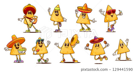 Groovy mexican nachos chips characters at Mexico fiesta party, vector corn tortilla food. Cartoon groovy hippie nacho chips with sombrero hats, guitar, avocado guacamole, maracas and sunglasses 129441590