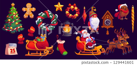 Cartoon Christmas characters and winter holiday decorations, vector icons. Christmas tree and Santa gifts on sleigh with reindeer, gingerbread cookie and gift sock with wreath in snow and eve calendar 129441601