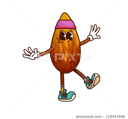 Cartoon groovy almond nut and seed character posing with happy face. Isolated vector joyful, healthy and funky y2k protein food personage in hipster headband spread hippie y2k energy in retro sneakers 129441606