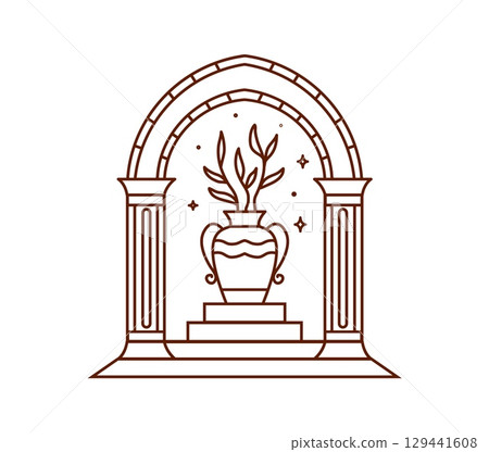 Boho arch or mystic magic Bohemian doorway with celestial stars and vase, vector line art. Boho arch or Medieval door arc for tattoo or magic Bohemian symbol with mystic plant leaves in amphora vase Boho arch or mystic magic Bohemian doorway with celestial stars and vase, vector line art. Boho arch or Medieval door arc for tattoo or magic Bohemian symbol with mystic plant leaves in amphora vase 129441608