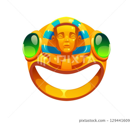 Cartoon golden ring featuring a pharaoh face flanked by vibrant green gems. Vector ancient Egypt game icon asset, vintage Egyptian symbol, treasure or magical item for historical or fantasy games 129441609