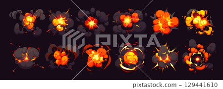 Cartoon bomb explosion blast effect, comic fire and smoke boom clouds game sprite sheet, fx sequence frame. Vector explode burst animation storyboard frame. User interface, GUI explosive weapon bang Cartoon bomb explosion blast effect, comic fire and smoke boom clouds game sprite sheet, fx sequence frame. Vector explode burst animation storyboard frame. User interface, GUI explosive weapon bang 129441610