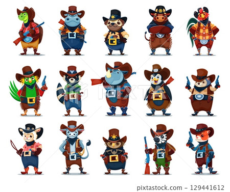 Cartoon animal cowboy, sheriff, bandit and robber characters. Vector turtle, hippopotamus, pug dog and bull, rooster, parrot and raccoon. Rhinoceros, penguin or hedgehog, sheep, owl, zebra or cat Cartoon animal cowboy, sheriff, bandit and robber characters. Vector turtle, hippopotamus, pug dog and bull, rooster, parrot and raccoon. Rhinoceros, penguin or hedgehog, sheep, owl, zebra or cat 129441612