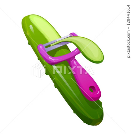 Cucumber peeling with knife of peeler for food cooking and preparation process, vector icon. Cucumber peeling tool or vegetable peeler utensil and kitchenware equipment for food preparation process 129441614