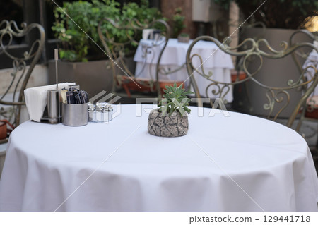 Elegant outdoor dining setup with greenery and decor Elegant outdoor dining setup with greenery and decor 129441718