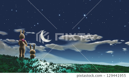 A mother and child rabbit watching the moon under the crescent moon. Background material for adding text. 129441955