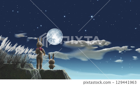 母兔和子兔賞月 - 加入文字的背景素材 129441963