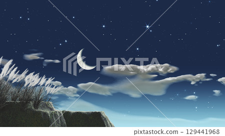 A crescent moon floating on a background of Japanese pampas grass - Background material for adding text 129441968
