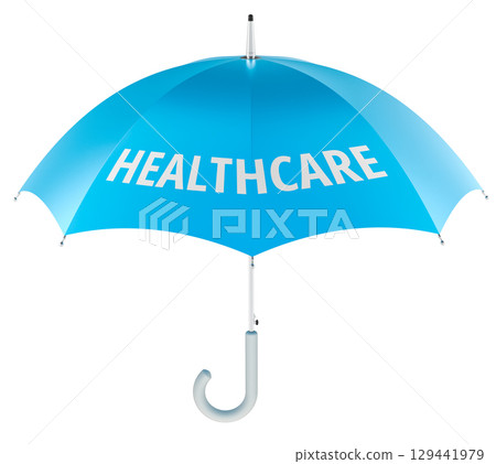 Healthcare, blue umbrella with inscription. 3D rendering Healthcare, blue umbrella with inscription. 3D rendering 129441979