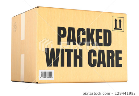 Packed with Care, cardboard shipping box. 3D rendering 129441982