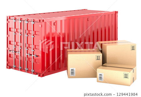 Red cargo container with parcels, cardboard boxes. 3D rendering Red cargo container with parcels, cardboard boxes. 3D rendering 129441984