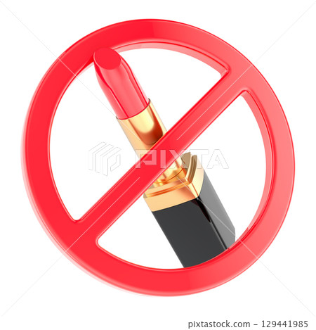 Red lipstick tube with a red prohibition circle. 3D rendering Red lipstick tube with a red prohibition circle. 3D rendering 129441985