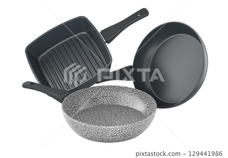 Set of frying pans. Round, grill and deep marble. 3D rendering 129441986