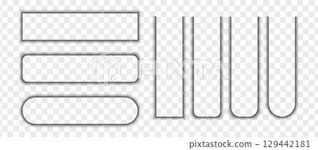 Set of button, banner or bookmarks shadow effects. Different realistic soft shapes. Rectangular shades with round edges isolated on transparent background. Vector realistic illustration 129442181