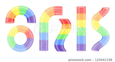 Set of children slinky toys popular in the 90s. Rainbow flexible springs isolated on white background. Plastic multicolored elastic spirals in different shapes. Vector flat illustration. 129442196